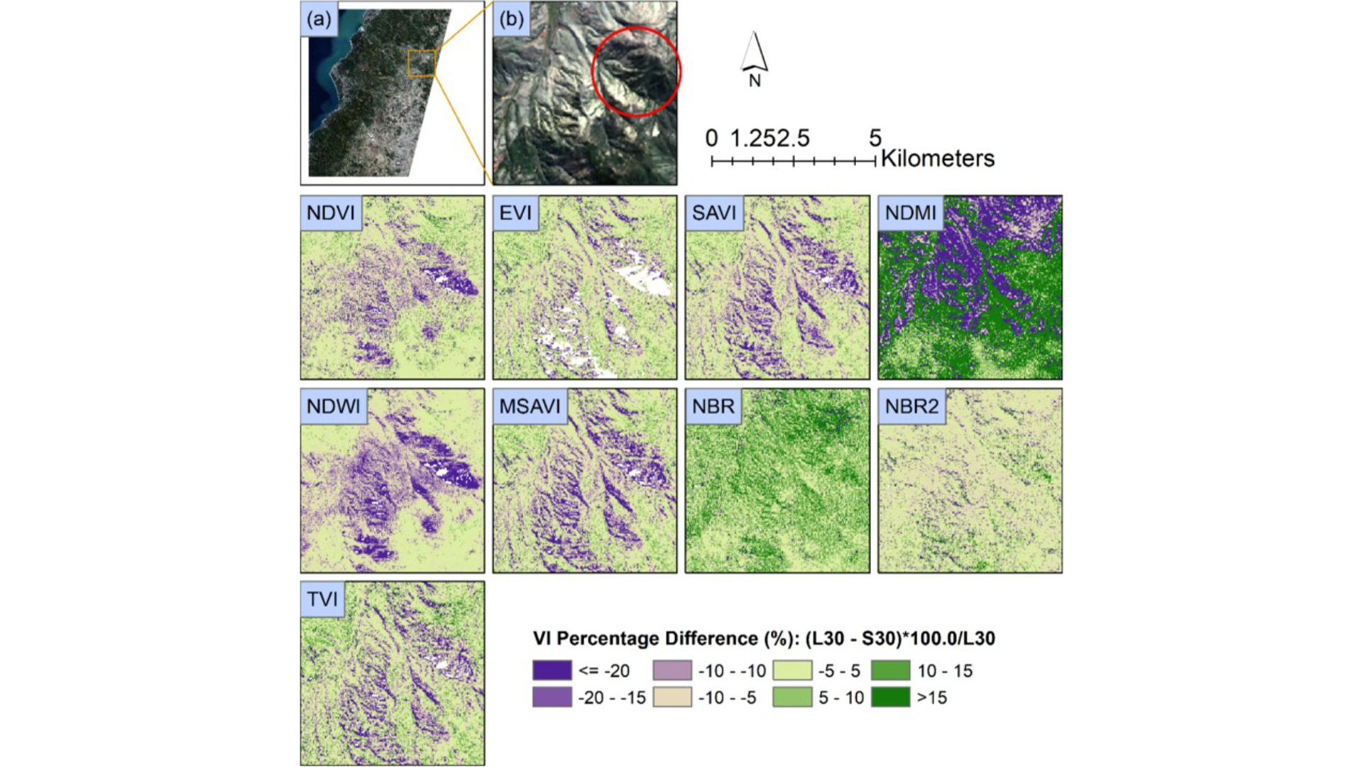 VI difference images derived from the same-day HLS L30 and S30 in Cancha de Quillay, Chile (Tile ID: 18HYF, Date: April-28-2022). Panel (a) shows the L30 RGB colour combination for the whole tile. Panel (b) and the remaining panels show the zoom-in area. The red circle in (b) is a shadow area with dense vegetation.