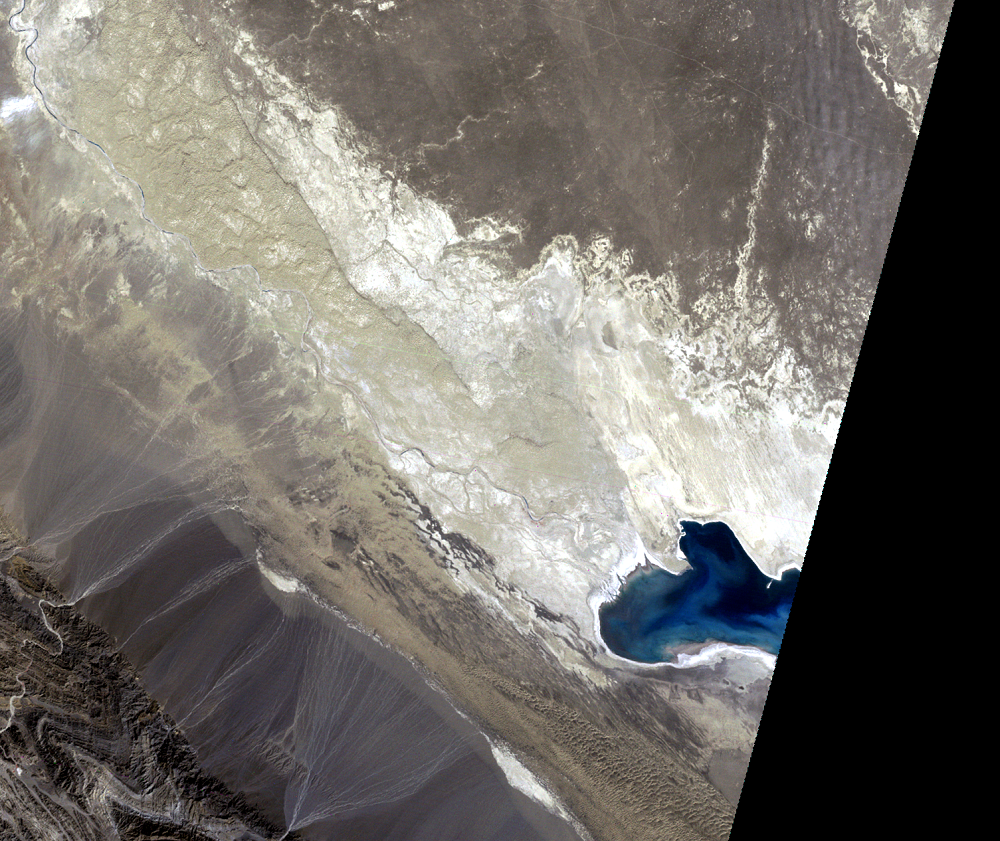 A false-color Landsat 2 satellite image of Gowd-e Zareh, Afghanistan acquired on Nov 14, 1976 (path/row 169/38, 39).