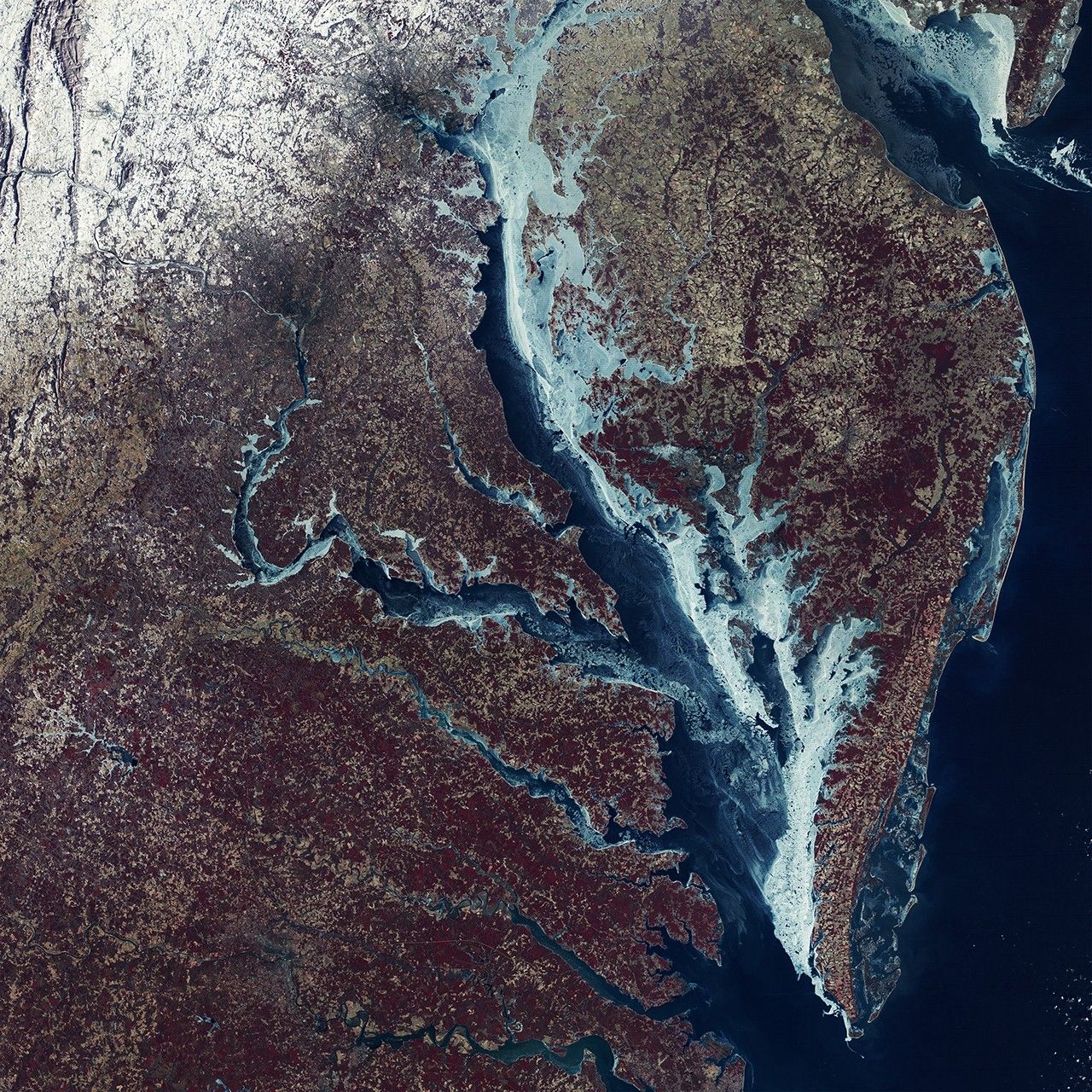 This image was produced using Landsat 1 data when a cold freeze hit the Chesapeake Bay area during the winter of 1976-1977.