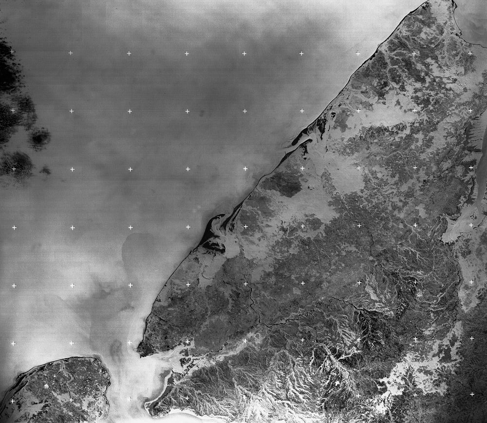 A Return Beam Vidicon image of Madagascar, taken by Landsat 3 on June 8, 1981. A sample RBV image shows the northwestern coast of Madagascar. The black-and-white image from 1981 has higher resolution than the Multispectral Scanner (MSS) on board the early Landsats.