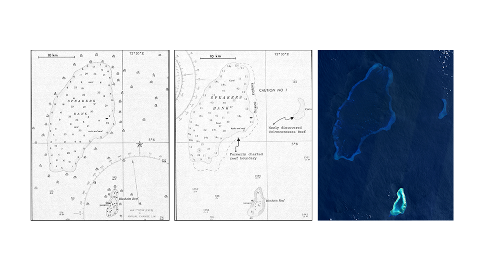 Three side by side images showing Speakers Bank in the Chagos Archipelago. The two images on the left are drawn maps, with a satellite image of the location on the far right.