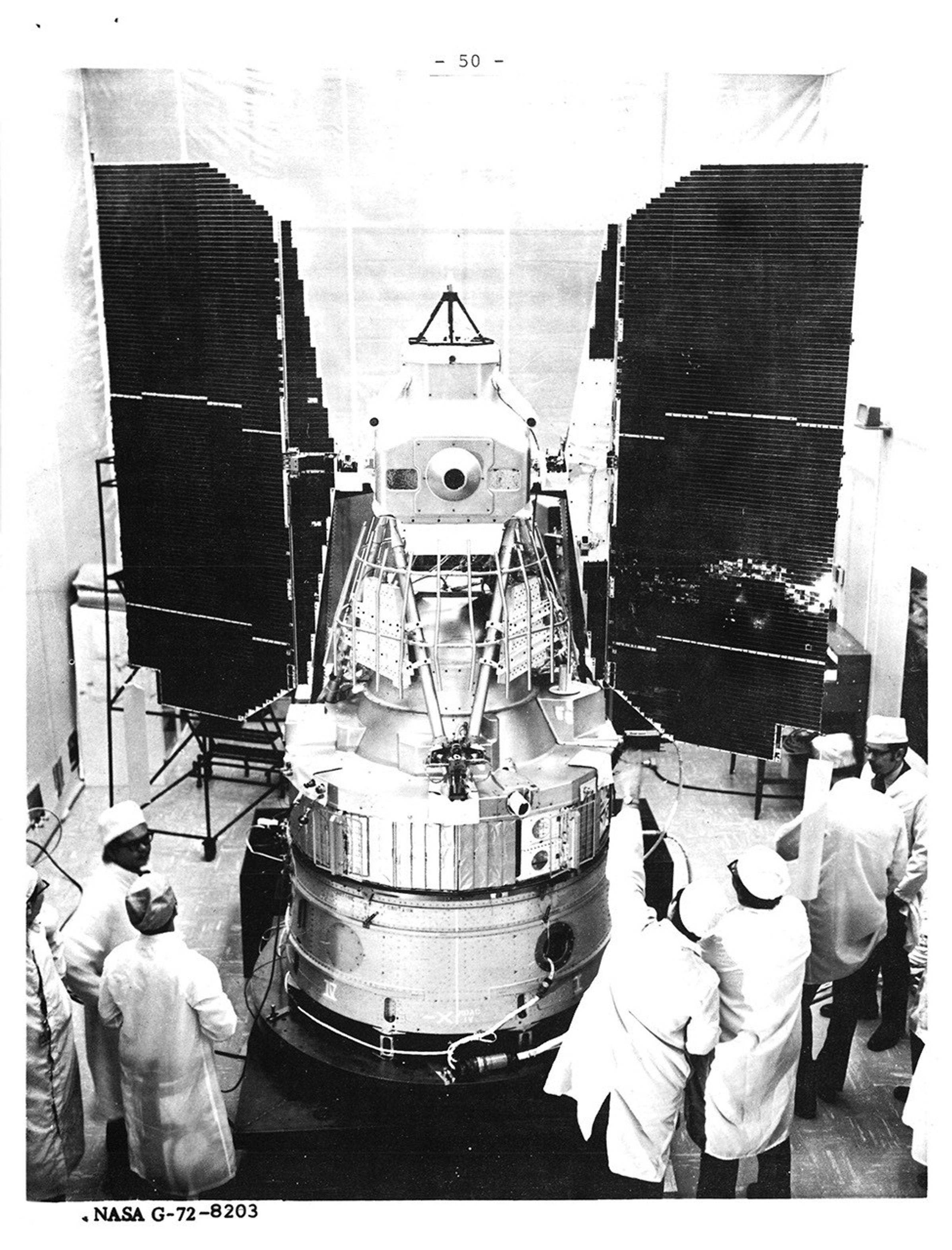 The integrated ERTS payload and Nimbus satellite bus (with solar panels deployed) undergoing testing at the GE facility in Valley Forge, PA.