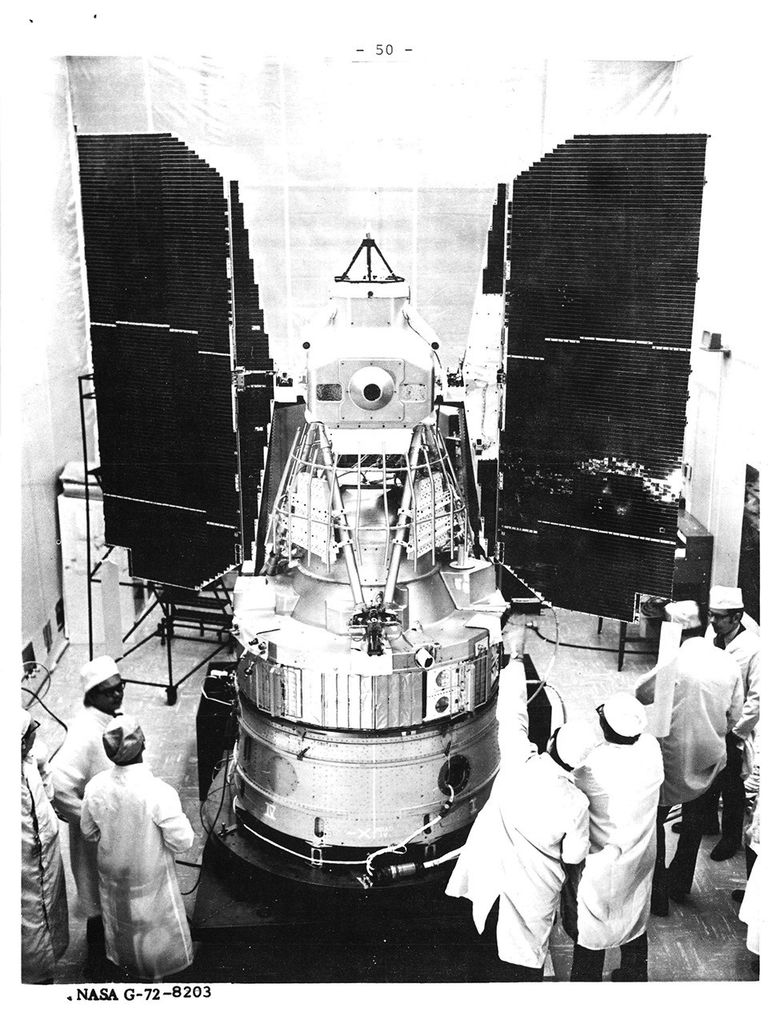 The integrated ERTS payload and Nimbus satellite bus (with solar panels deployed) undergoing testing at the GE facility in Valley Forge, PA.