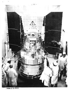 The integrated ERTS payload and Nimbus satellite bus (with solar panels deployed) undergoing testing at the GE facility in Valley Forge, PA.