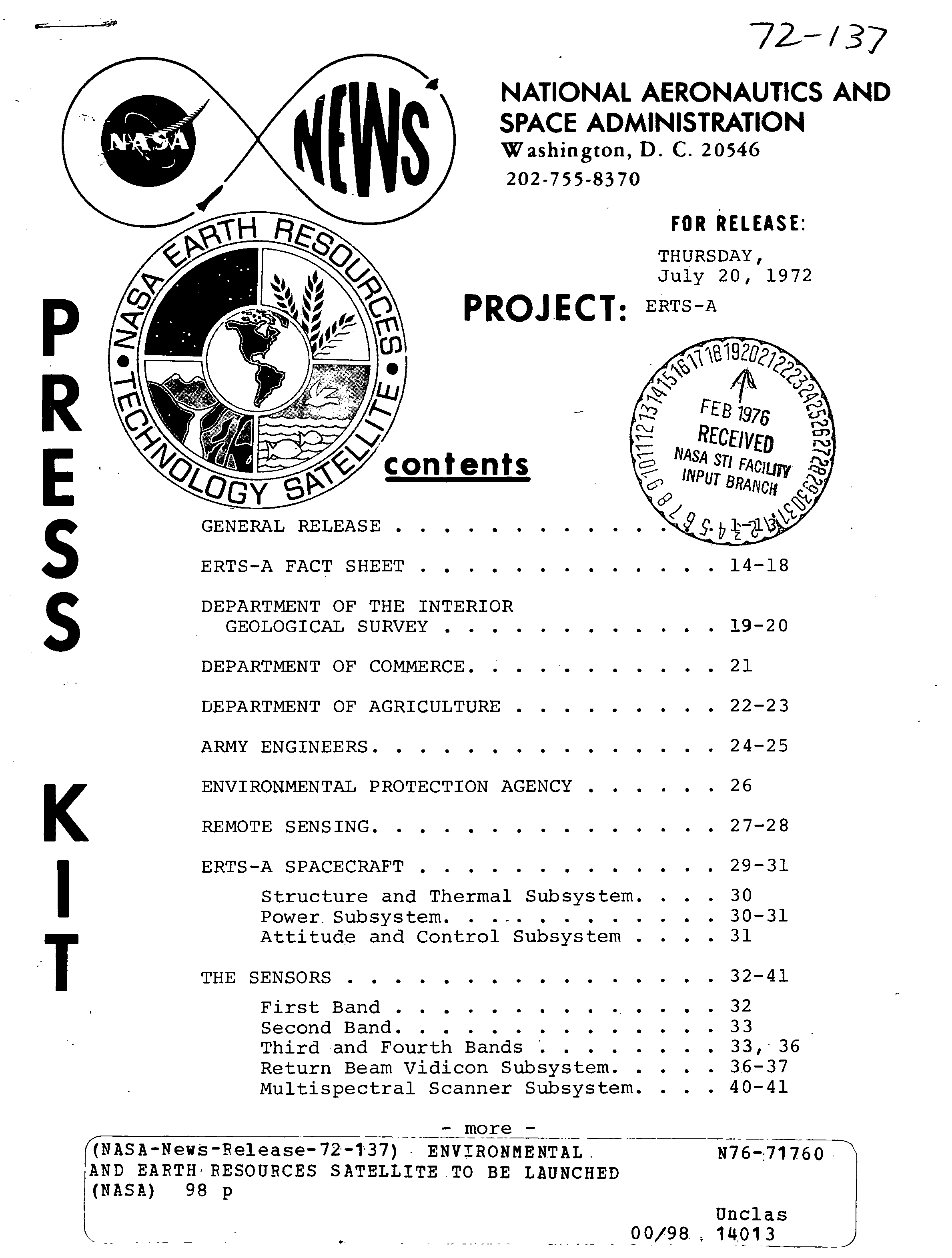 Cover of the press kit for ERTS-A, later renamed Landsat 1.