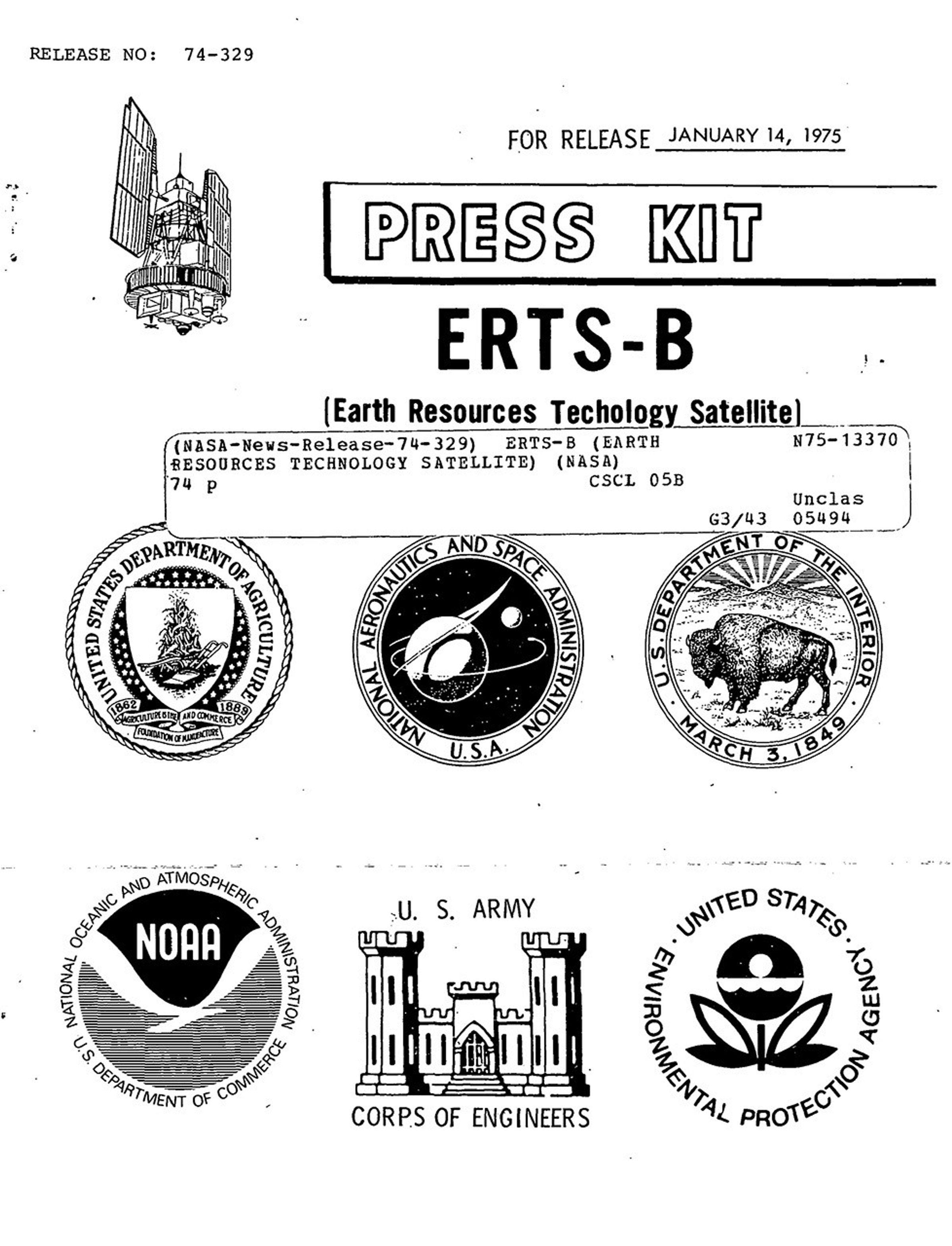 Title page of the ERTS-B (Earth Resources Technology Satellite) press kit, featuring logos from NASA, the U.S. Department of Agriculture, the Department of the Interior, NOAA, the U.S. Army Corps of Engineers, and the Environmental Protection Agency.