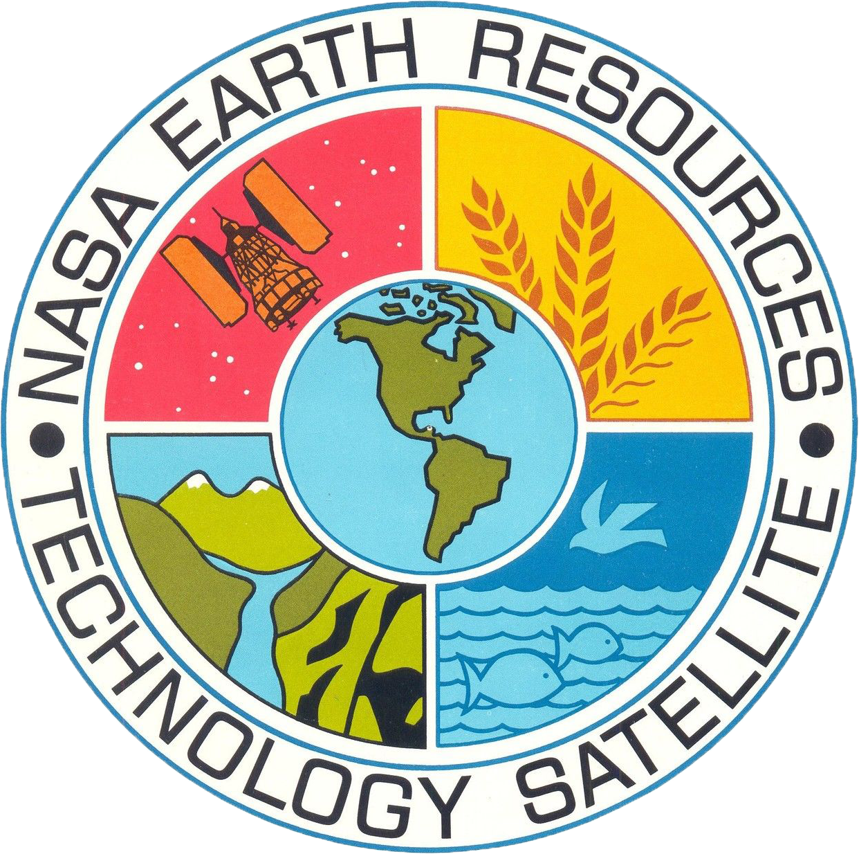 A patch for the Earth Resources Technology Satellite. The patch is a circle with "NASA Earth Resources Technology Satellite" in capital letters around the outside. In the center is a cartoon-style North and South America in green on blue water. There are four quadrants: red, yellow,, green, and blue representing the satellite, agriculture, land, and water, respectively.