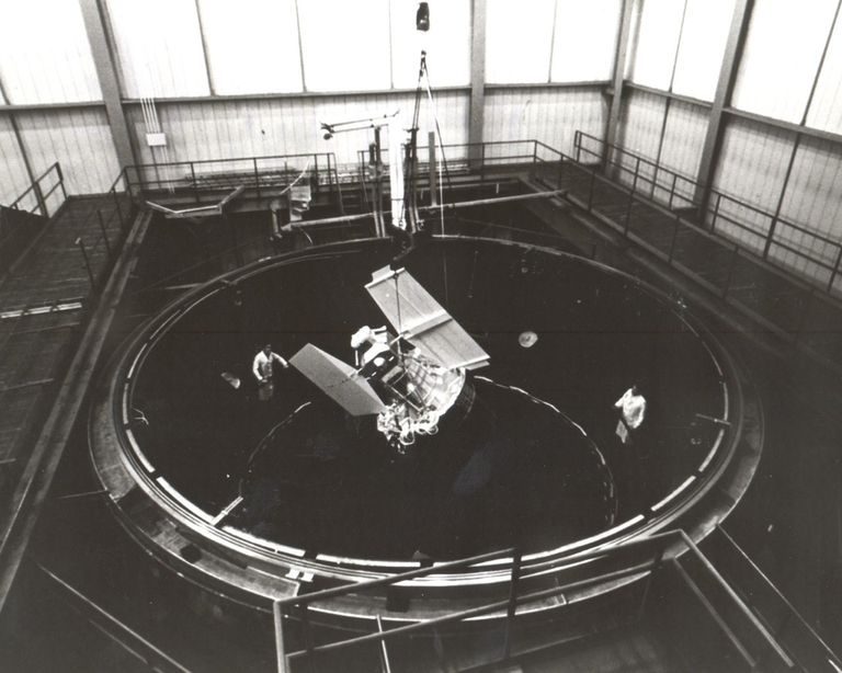 A Black and White Photograph of ERTS (Landsat 1) in a test chamber at GE’s Space Division in Valley Forge, PA.