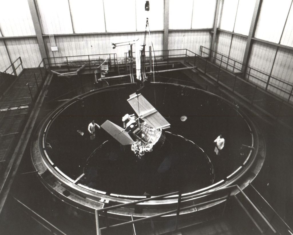 A Black and White Photograph of ERTS (Landsat 1) in a test chamber at GE’s Space Division in Valley Forge, PA.