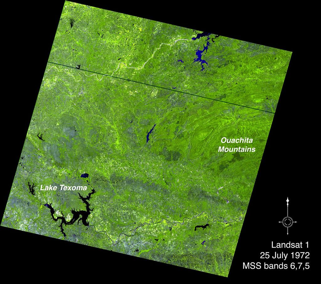 A Landsat 1 satellite image of the Ouachita Mountains in southeastern Oklahoma.