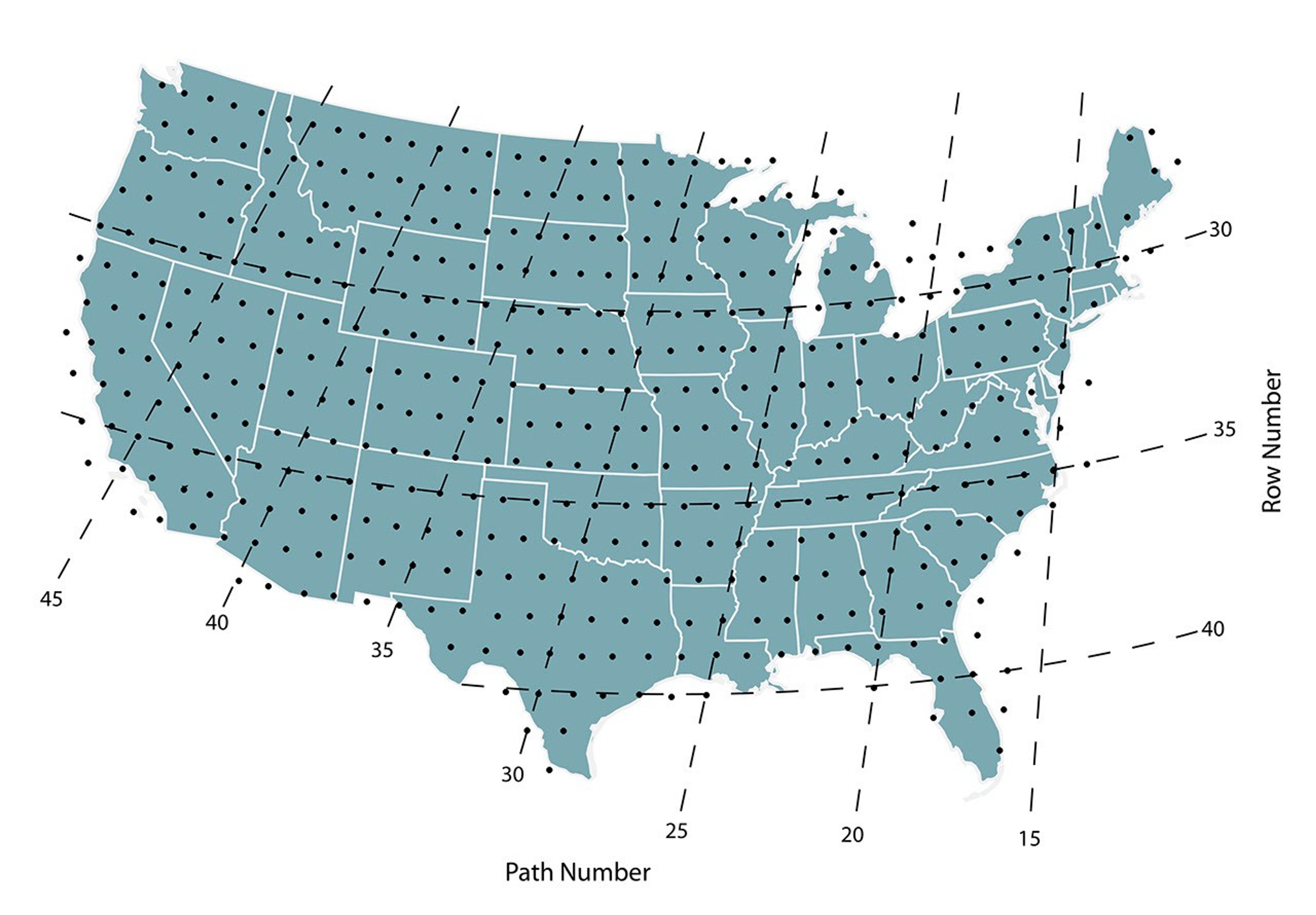 A image of the US overlaid with lines and dots showing the worldwide reference system.