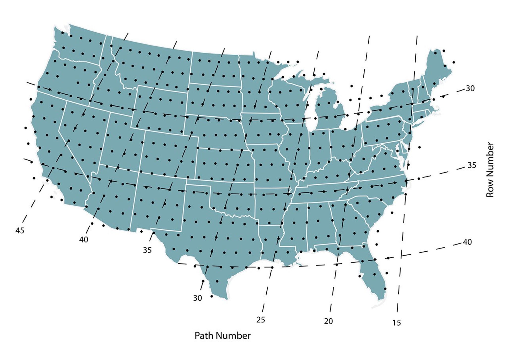 A solid blue graphic of the U.S. overlaid with black lines and dots showing the paths and rows of the worldwide reference system.