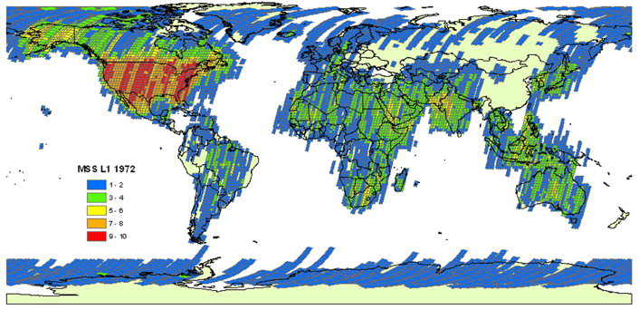 USGS archive MSS scenes archived. Legend colors represent ranges of scene totals with