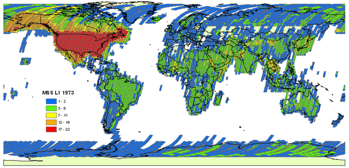 USGS archive MSS scenes archived in Jan–Dec 1973. Legend colors represent ranges of scene totals with