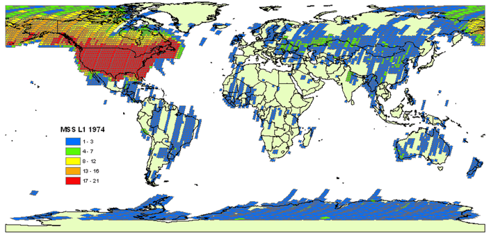 Scan lines of MS1 Jan–Dec 1974. Legend colors represent ranges of scene totals with