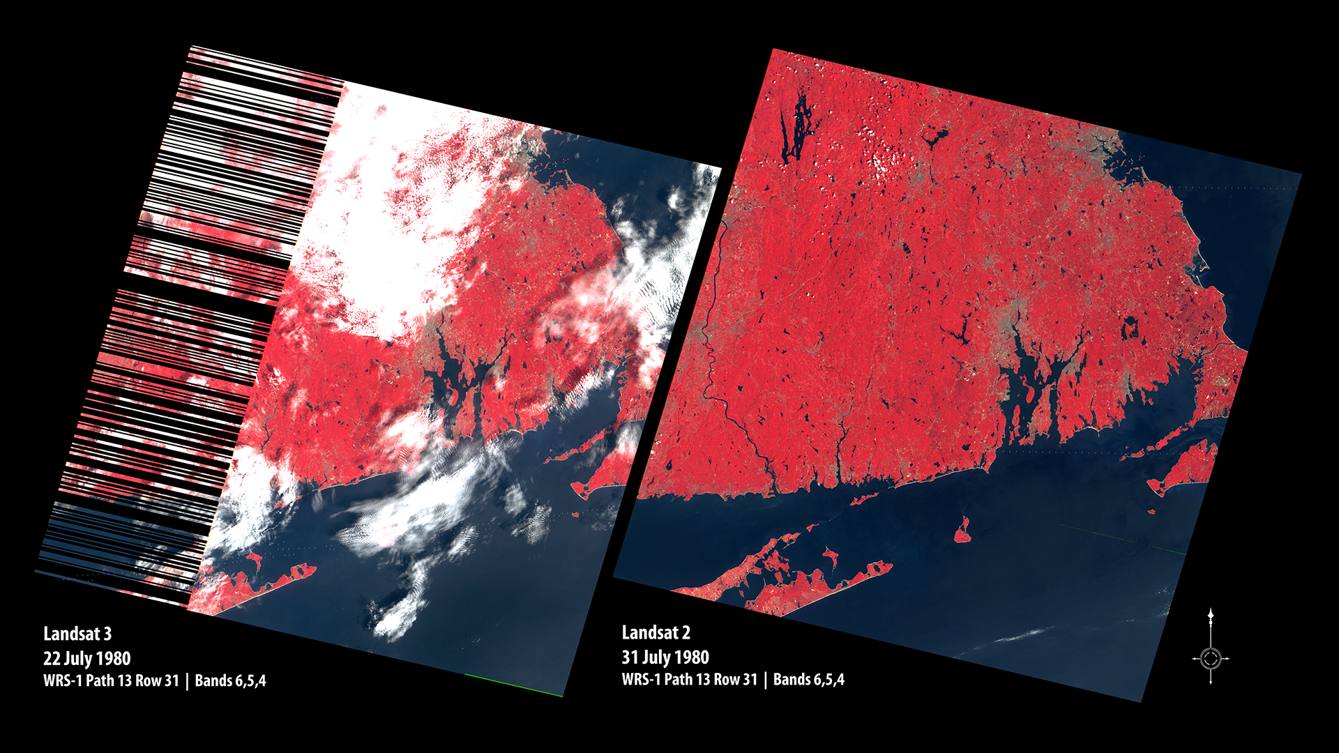 Two false color Landsat satellite images showing issues in scan lines in Landsat 3 compared to Landsat 2. These false color images show vegetation in bright red, contrasted with the dark blue of the water.