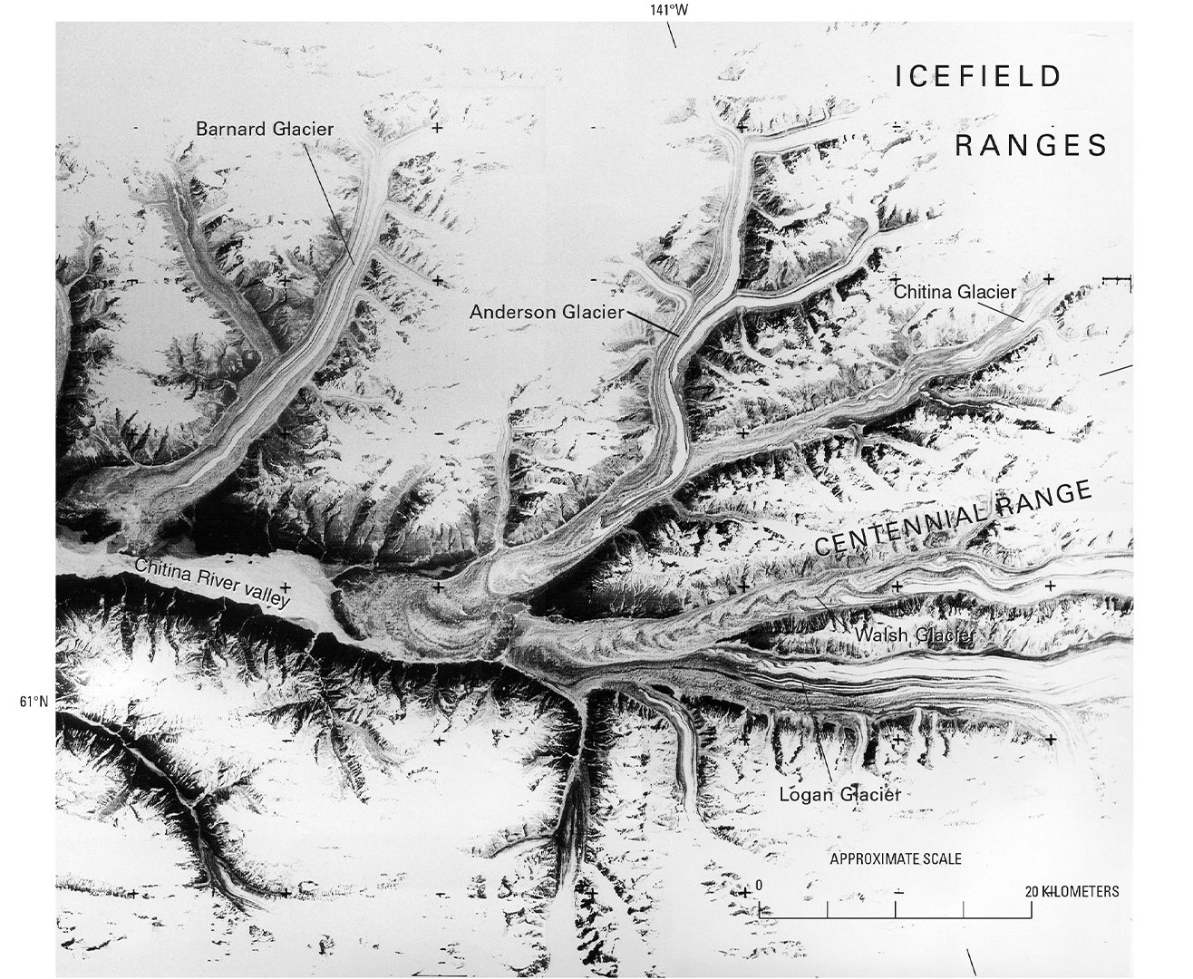 A black and white satellite image of Alaska's Chitina River valley region near the Canadian border. Text in this image highlights points of interest such as Icefield ranges, and the Centennial Range