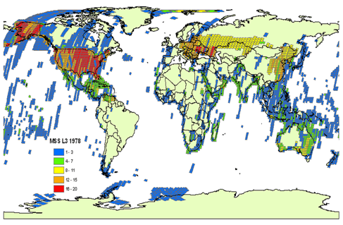 Overlap coverage archived in 1978 of Landsat 3 MSS. Note the focus on wheat-growing areas in the USSR (for LACIE). Additional coverage was for engineering work, and coastal/island study.