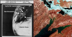 Two satellite images compared to one another, on the left a TIROS-I image of Eastern Canada, and on the right  Landsat 1 image of New Brunswick, Prince Edward Island.