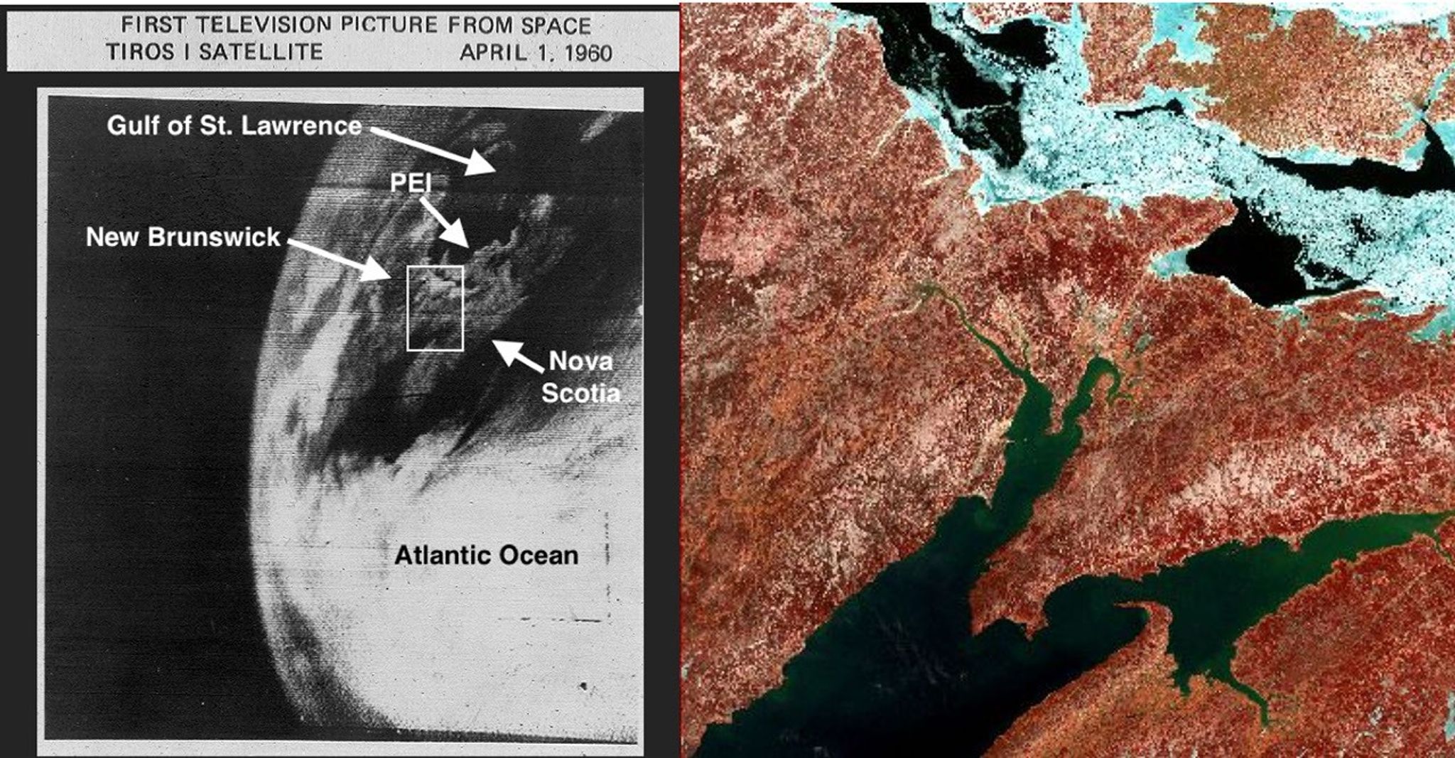 Two satellite images compared to one another, on the left a TIROS-I image of Eastern Canada, and on the right  Landsat 1 image of New Brunswick, Prince Edward Island.
