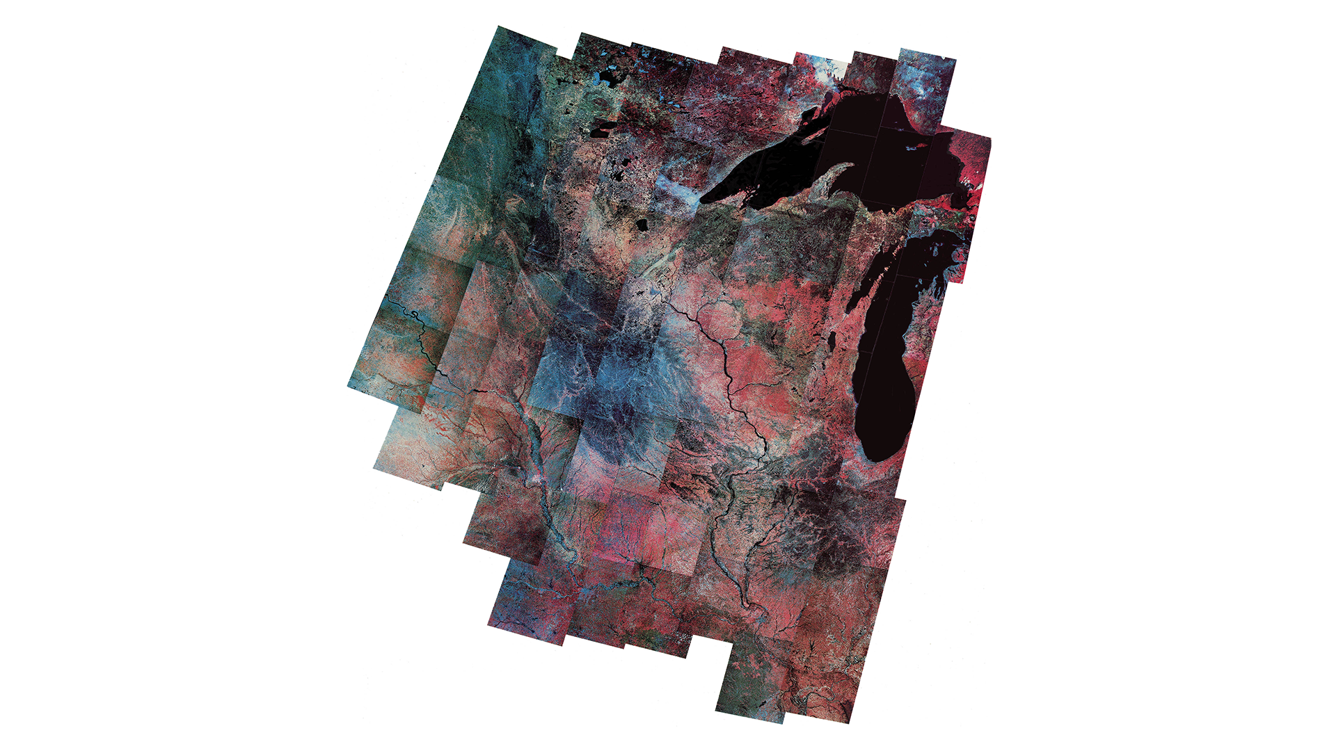 A mosaic of multiple Landsat 1 and 2 satellite images of Minnesota, Michigan, Wisoconsin, Illionois, and Iowa.