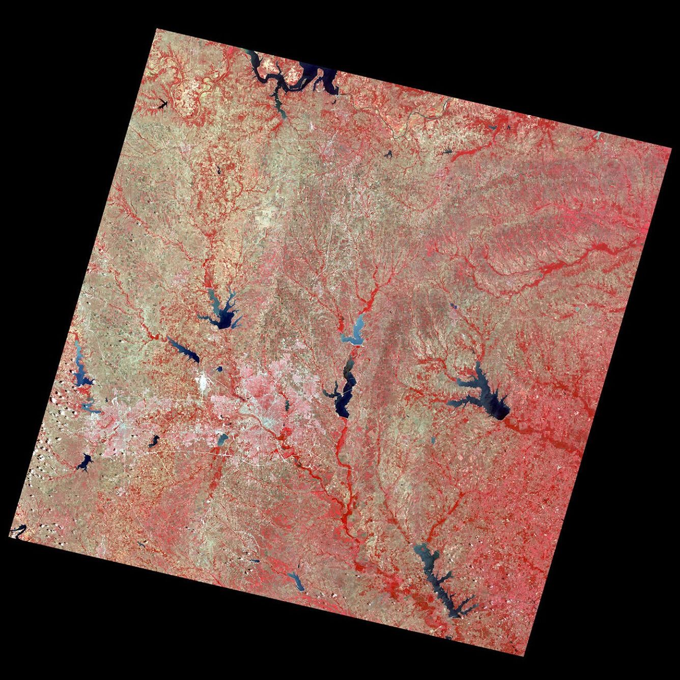 Landsat 1's first light image of Dallas-Fort Worth, Texas.