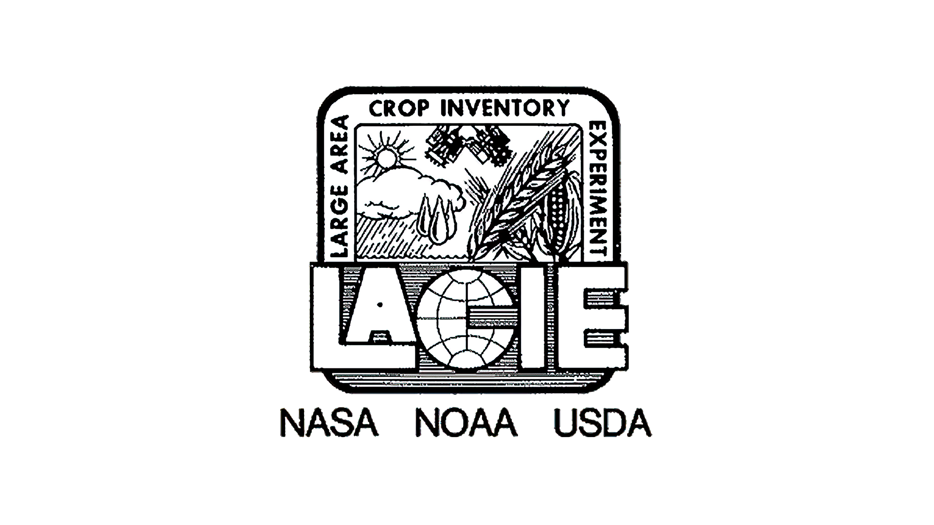 A black and white logo of the Large Area Crop Inventory Experiment. This includes NASA, NOAA, and USDA, on the bottom.