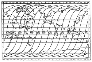 Ground track map displaying satellite orbit paths across Earth, with Goldstone and NTTF (NASA Tracking and Telemetry Facility) ground stations identified. The numbered positions represent orbit passes for mission planning and communication coverage analysis.