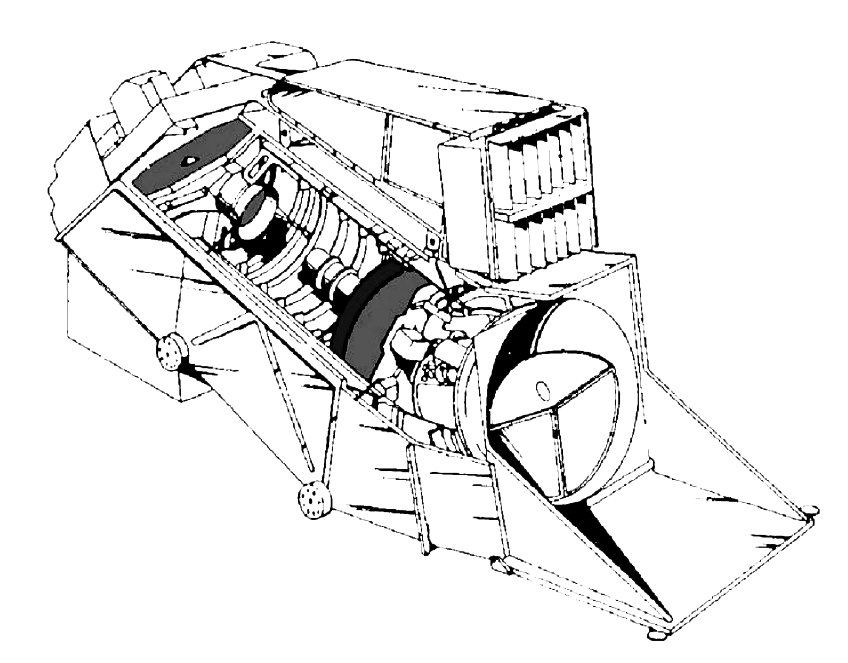 Technical line drawing of the EO-1 Advanced Land Imager instrument showing its internal optical components and housing structure. The cutaway view reveals the telescope assembly with mirrors, detector arrays, and electronic modules in a compact rectangular housing.