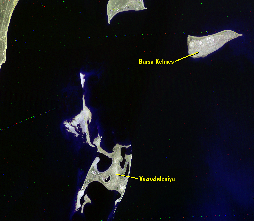 A false-color Landsat 2 satellite image of former islands, Aral Sea acquired on Sep 1, 2, 3, 22, 1977 (path/row 172-175/27-30).