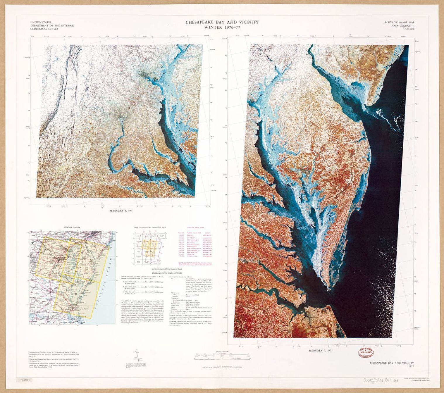 Satellite imagery map showing vegetation in red, ice in white, and ocean in blue.