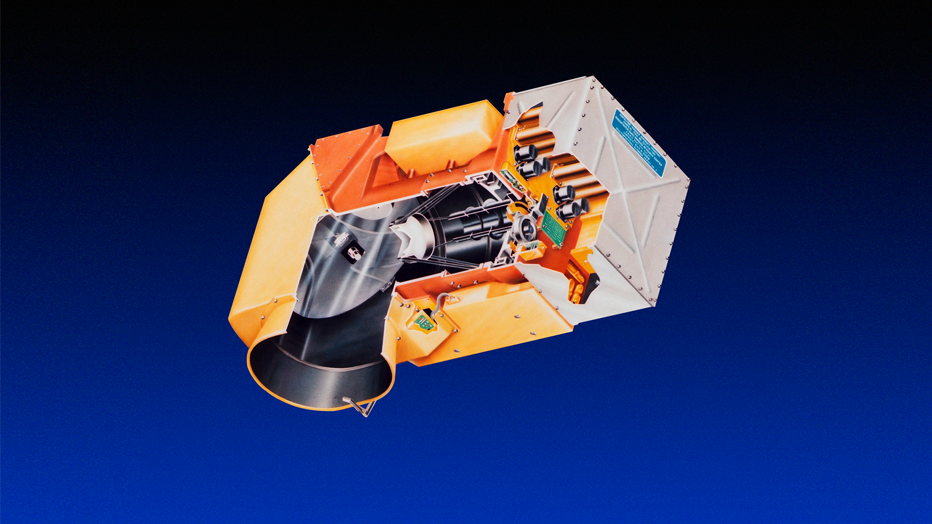 An artist rendering of the Multispectral Scanner System. The painting shows the golden components of the MSS, with a chunk out of the middle showing the innerworkings of this scanner.