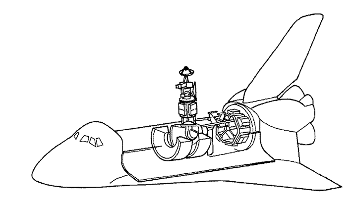 A line drawing showing a cross-section view of a space shuttle with a satellite deployment system. The illustration depicts the shuttle's cargo bay open with a satellite positioned for deployment from within the spacecraft.
