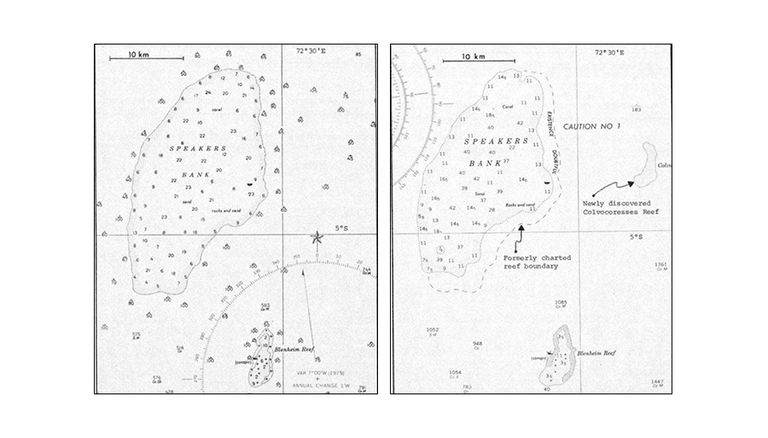 A side-by-side comparison of a map of Speakers Bank before and after its boundary was corrected with Landsat data.