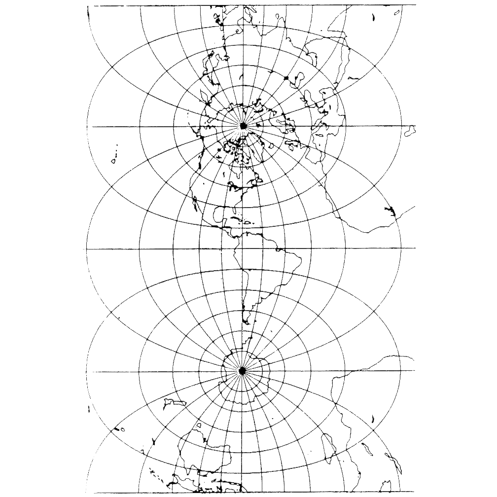 This schematic appears in the handbook that accompanied the1983 Landsat Short Course lecture on “TM Data Processing and Correction” that was given by Jeff Dozier of UCSB. To continually map the Earth’s surface using Landsat data, an entirely new projection had to be created. This new projection was created by John Parr Snyder and is known as the Space Oblique Mercator (SOM) projection. This projection has been referred to as, “one of the most complex projections ever devised” by Library of Congress cartographic historian, John W. Hessler. John Parr Snyder began his calculations for the SOM projection using the most basic form of the equations for the Mercator projection and then creating intermediate transformation equations that took into account the various movements of the Landsat satellite’s ground track as the satellite orbited the Earth.The figure shown here is an example of one of the basic Mercator map projections used by the U.S. Geological Survey. To learn more about the creation of the SOM projection, refer to “Projecting Time: John Parr Snyder and the Development of the Space Oblique Mercator Projection” by John W. Hessler.