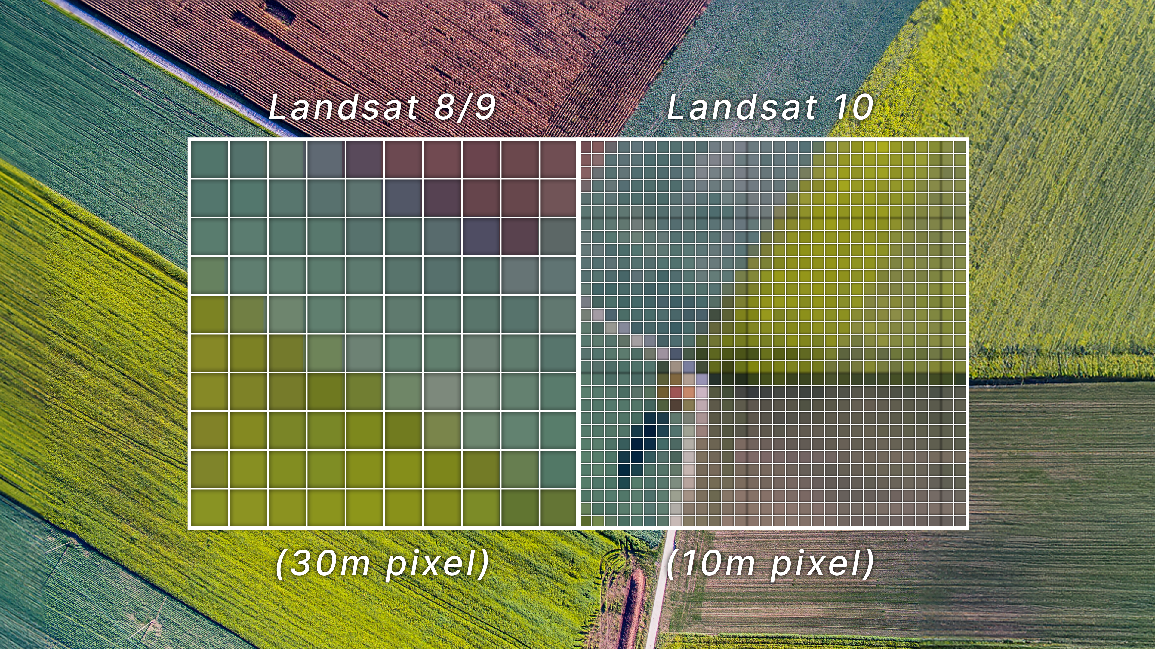 A visual comparison of spatial resolution showing the 30-meter pixels of Landsat 8 and 9 (left) next to the finer, more detailed 10-meter pixels planned for Landsat 10 (right).