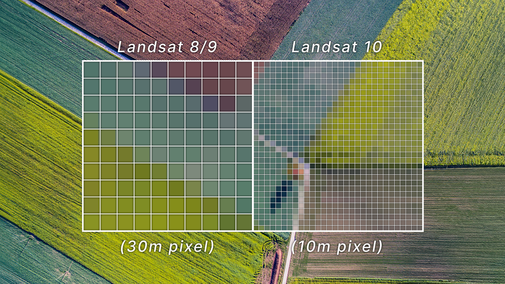 A visual comparison of spatial resolution showing the 30-meter pixels of Landsat 8 and 9 (left) next to the finer, more detailed 10-meter pixels planned for Landsat 10 (right).