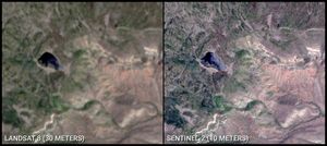 Landsat 8 and Landsat 9 reflective bands have a spatial resolution of 30 meters, as shown in this natural color image acquired on June 25, 2018. Four bands on Sentinel-2 have a spatial resolution of 10 meters, as shown in this natural color image acquired on June 24, 2018. The improved spatial resolutions of Landsat 10 bands will enhance mapping of features and enable improved harmonization with Sentinel-2 data.