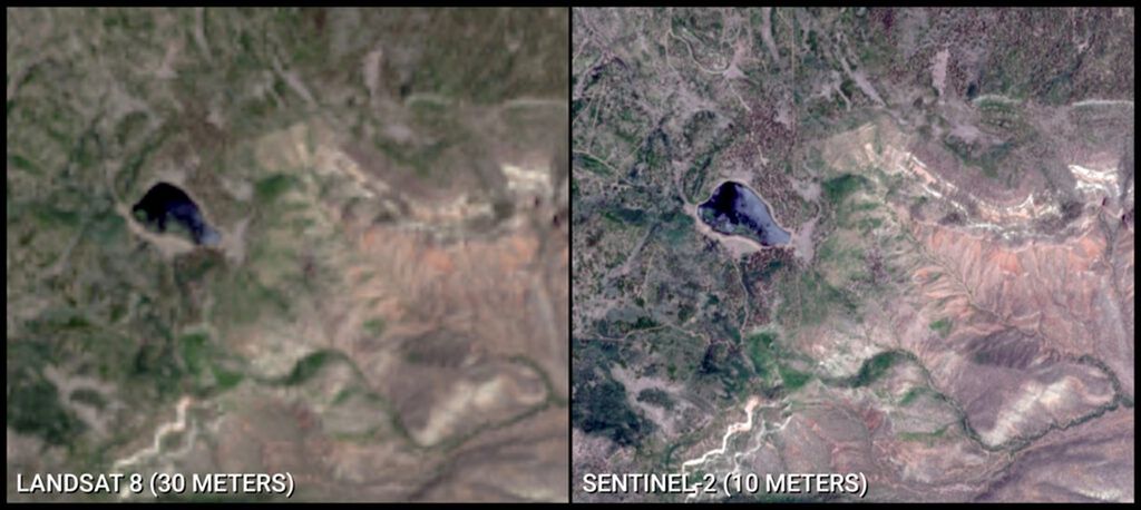Landsat 8 and Landsat 9 reflective bands have a spatial resolution of 30 meters, as shown in this natural color image acquired on June 25, 2018. Four bands on Sentinel-2 have a spatial resolution of 10 meters, as shown in this natural color image acquired on June 24, 2018. The improved spatial resolutions of Landsat 10 bands will enhance mapping of features and enable improved harmonization with Sentinel-2 data.