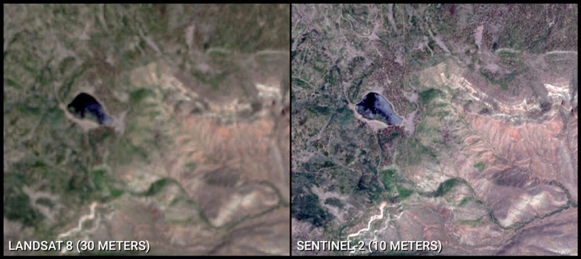 Landsat 8 and Landsat 9 reflective bands have a spatial resolution of 30 meters, as shown in this natural color image acquired on June 25, 2018. Four bands on Sentinel-2 have a spatial resolution of 10 meters, as shown in this natural color image acquired on June 24, 2018. The improved spatial resolutions of Landsat 10 bands will enhance mapping of features and enable improved harmonization with Sentinel-2 data.