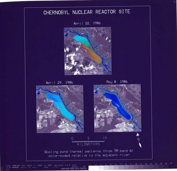 Satellite thermal imagery of Chernobyl's cooling pond before and after the April 26, 1986 nuclear accident, showing temperature changes in the water relative to the adjacent river.
