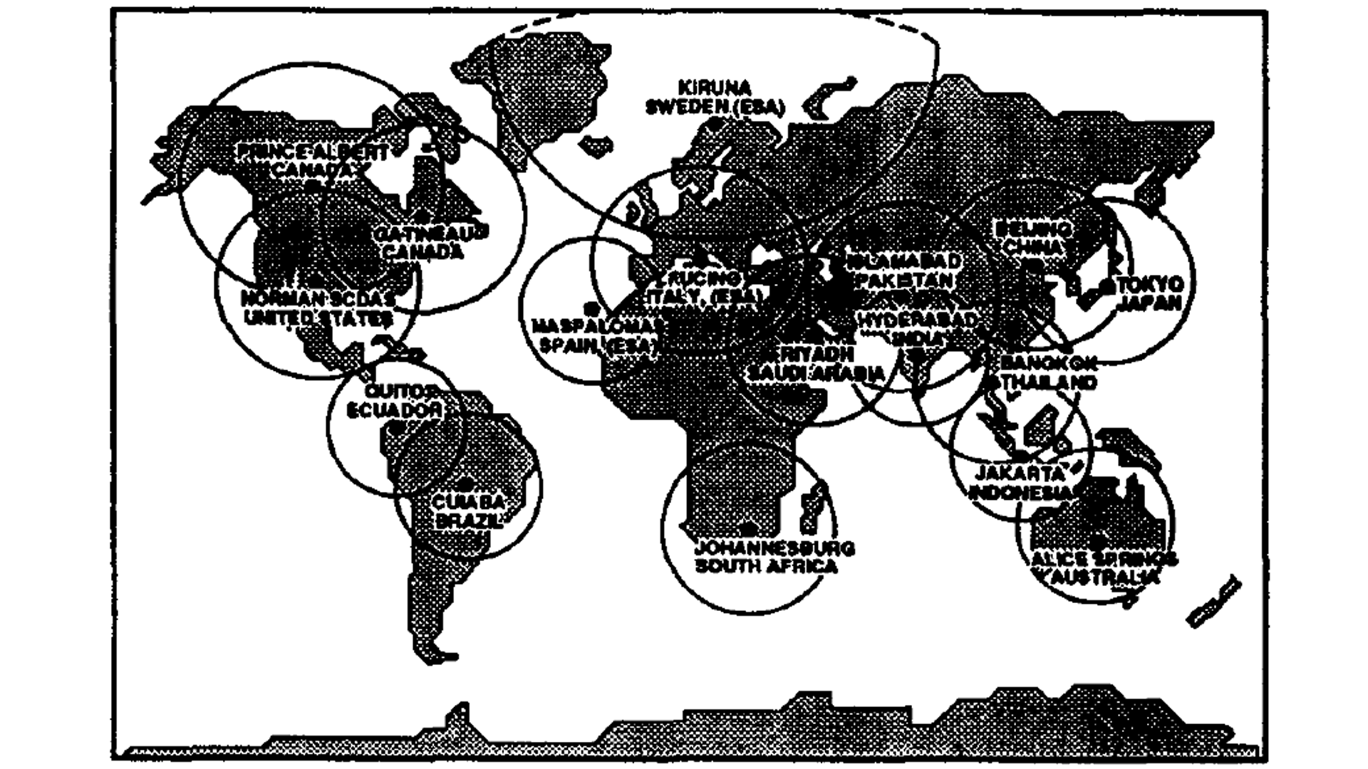 A black and white diagram showing anticipated Landsat 6-Era IGS Locations.