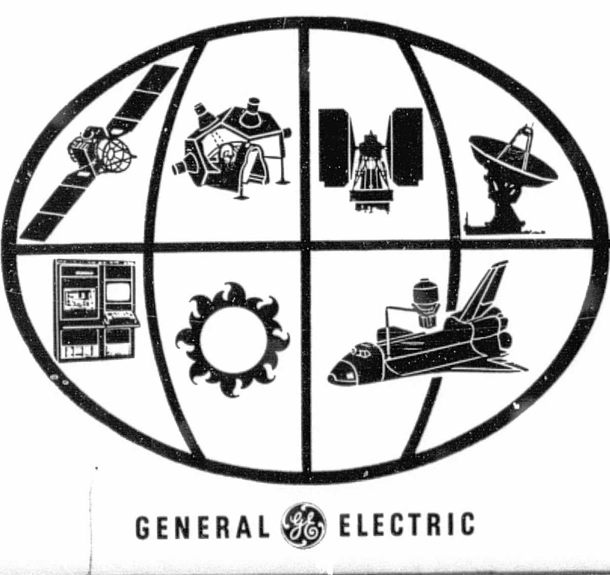 Black and white General Electric company logo featuring an oval divided into eight sections, each containing silhouettes representing different GE technologies and capabilities. The sections show various items including satellites, spacecraft, ground stations, radar dishes, computer systems, industrial equipment, and the Space Shuttle. The iconic GE monogram logo appears below the oval with "GENERAL ELECTRIC" text.