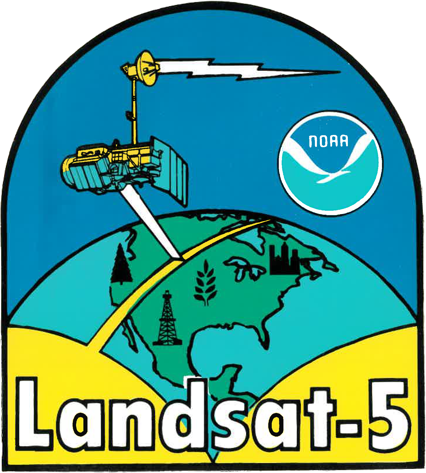 Mission patch for Landsat 5, depicting the satellite observing Earth and displaying the NOAA emblem.