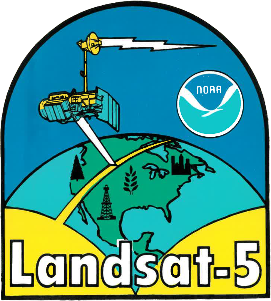 Mission patch for Landsat 5, depicting the satellite observing Earth and displaying the NOAA emblem.