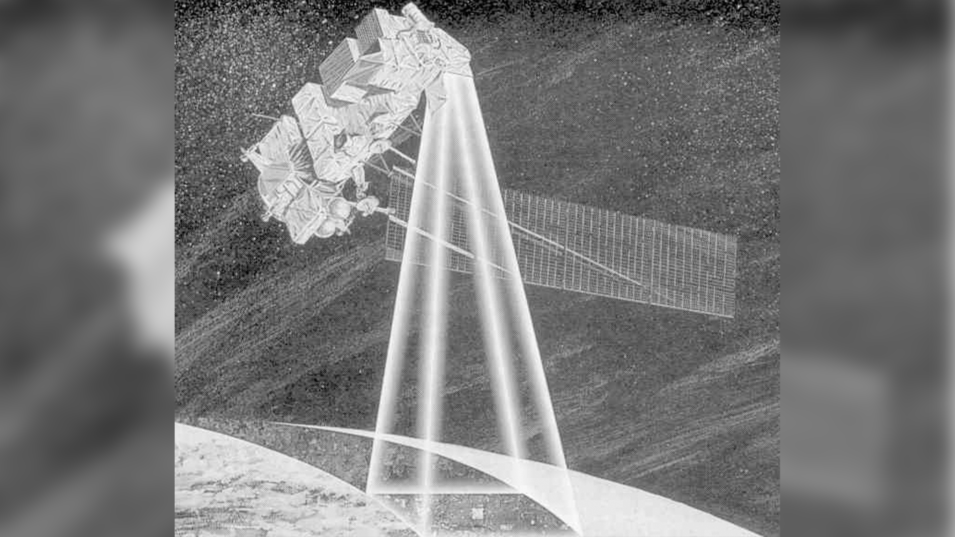 This is a sketch of what the Landsat 6 satellite would have looked like in orbit.  The satellite failed to achieve orbit when launched on October 5, 1993.