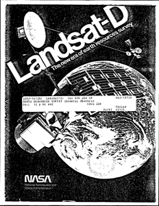 Black and white promotional poster for Landsat-D featuring a stylized illustration of the satellite in orbit above Earth. The image shows the satellite with its distinctive solar panels and communication dish against a starry space background. Earth is depicted below with a grid overlay representing the satellite's imaging coverage. The poster includes the tagline "The new era of Earth resources survey" and technical information including mission dates and classification numbers. The NASA logo appears at the bottom.