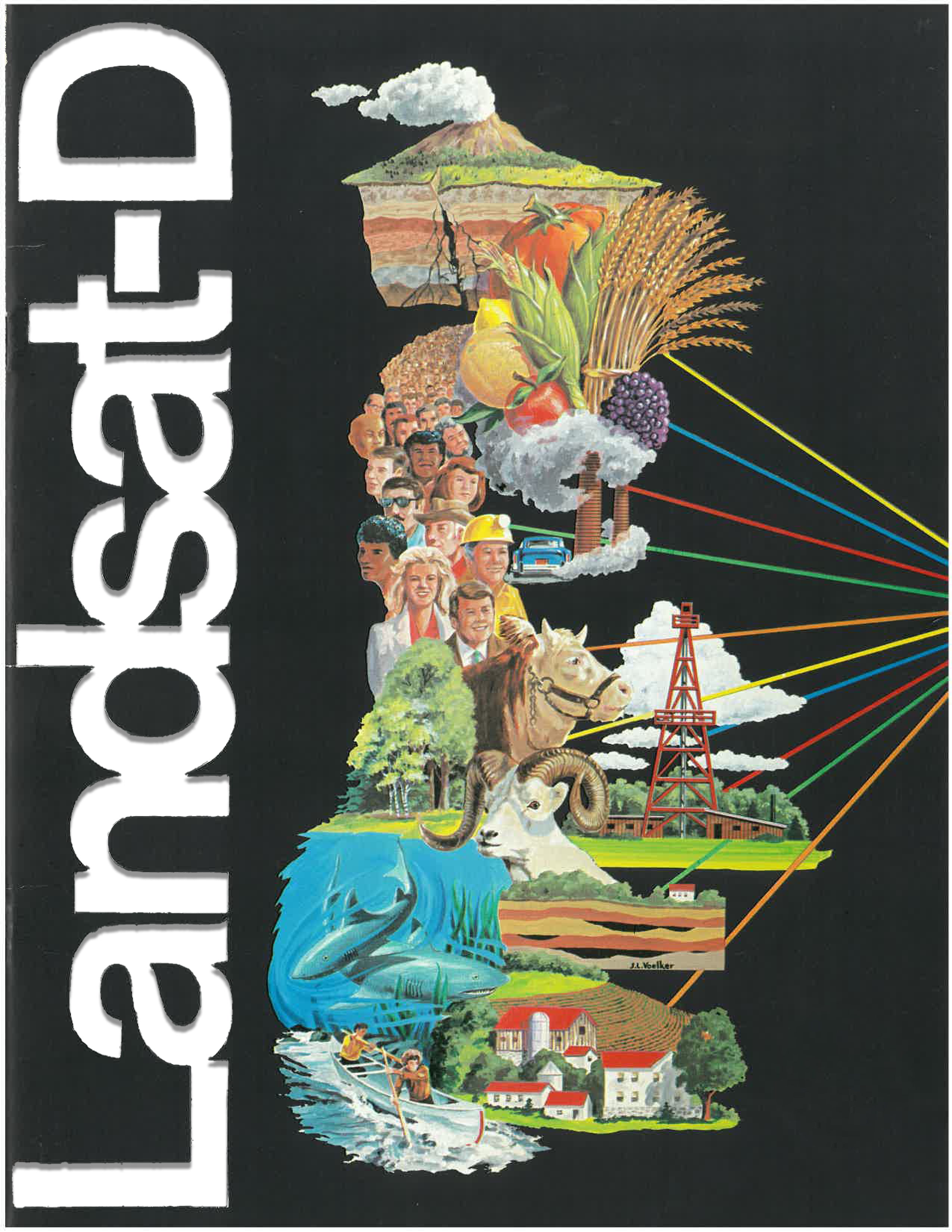 A Landsat-D infographic on the front page of a pamphlet, featuring a painting of every feature our planet has to offer.