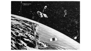 Black and white illustration of the Landsat-D Earth observation system showing the complete data collection and transmission chain. The image depicts the Landsat satellite in orbit above Earth with its imaging sensors scanning the surface, a communication satellite (TDRS) for data relay, ground-based receiving stations including a local station and TDM receiving station, and a data center. The diagram shows the satellite's scanning pattern creating resolution elements on Earth's surface, with labels indicating multispectral scanning capabilities and the complete data flow from space to ground processing facilities.