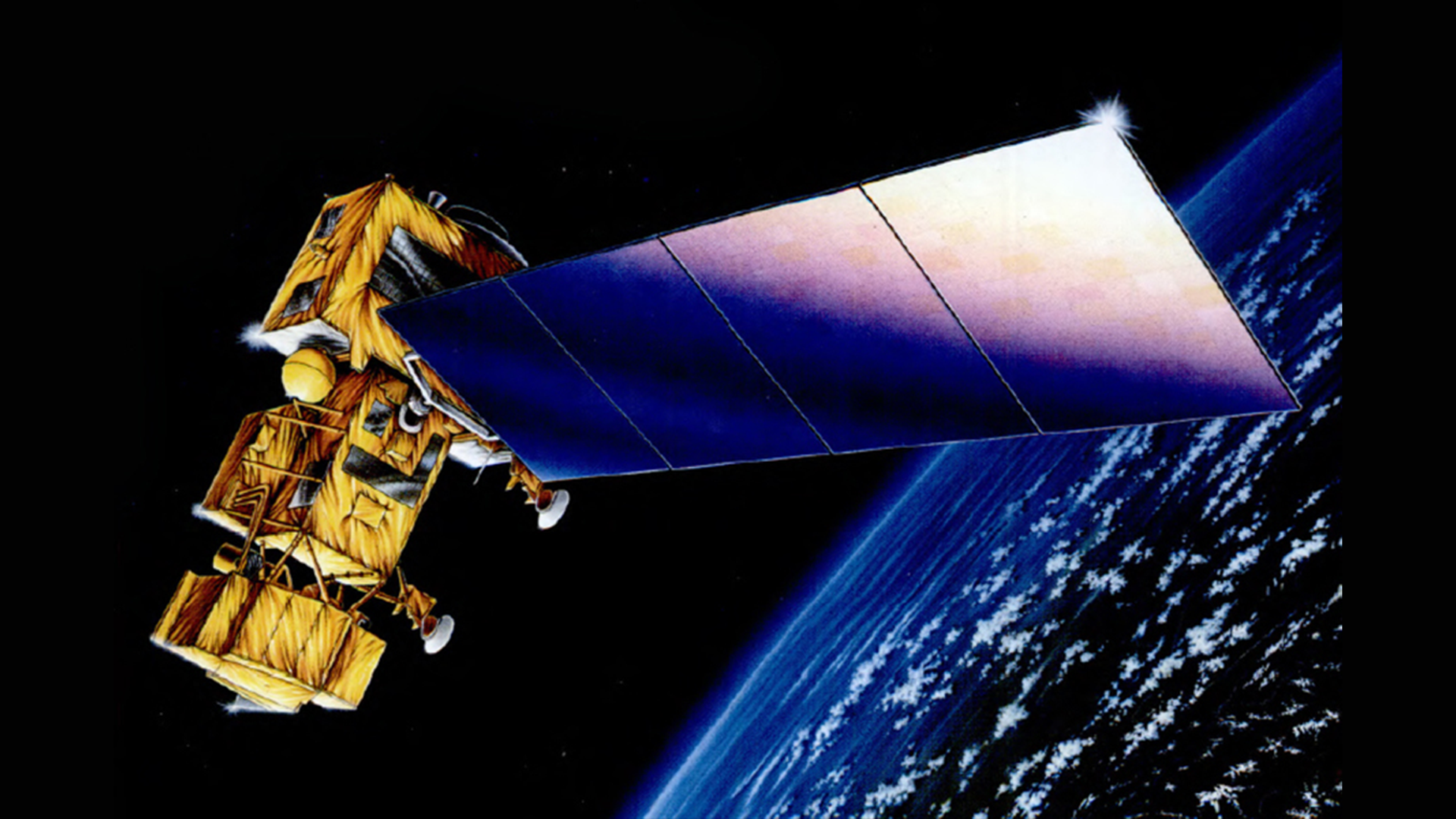 An artist rendering of the Landsat 6 satellite in orbit.